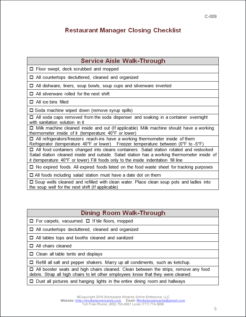 Closing Manager Checklist Workplace Wizards Restaurant Consulting